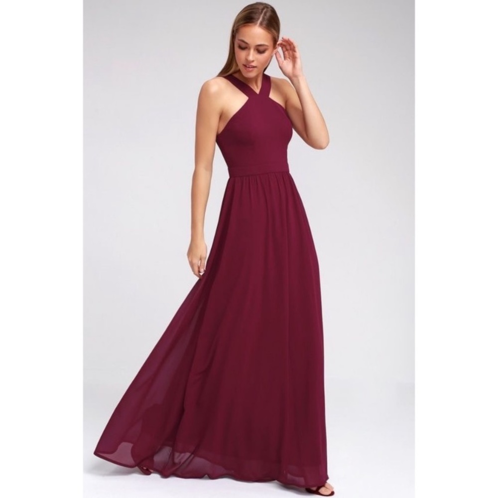 Lulus air of romance burgundy maxi dress